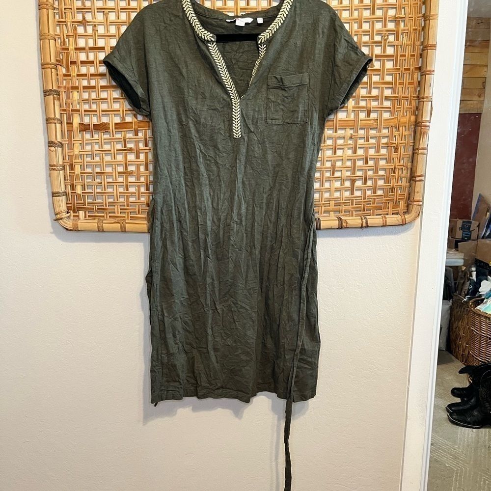 Boden Army Olive Green Gold Dora Embroidered Tie Waist Jersey Dress Size 2R - Picture 6 of 14